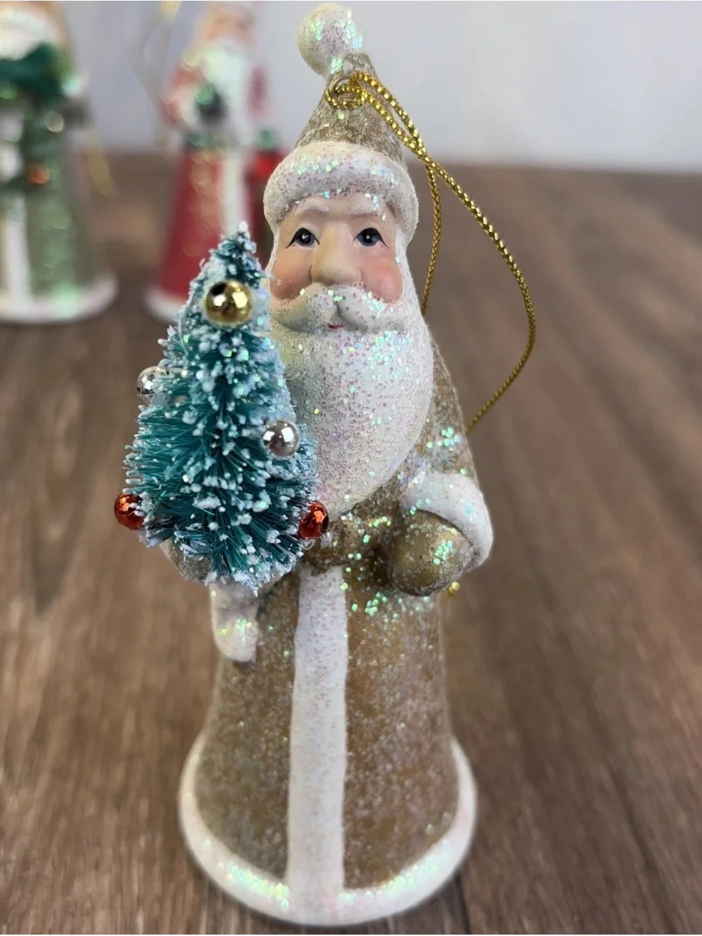 Lot of 3 Ceramic Santa Ornaments Shelf Sitters Red White Gold Glitter Sparkles